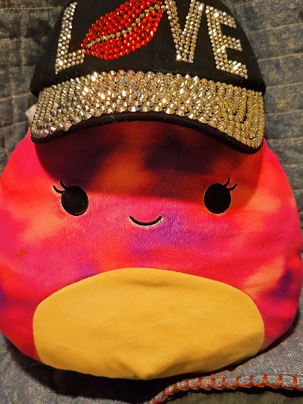 Studded LOVE Baseball Cap - Black with Red Lip Accent